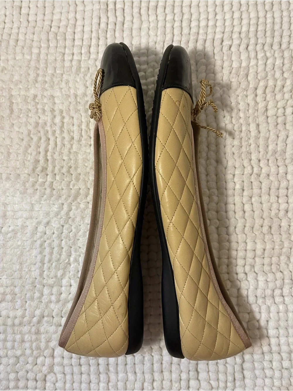 Quilted Two-Tone Ballet Flats in Beige and Black